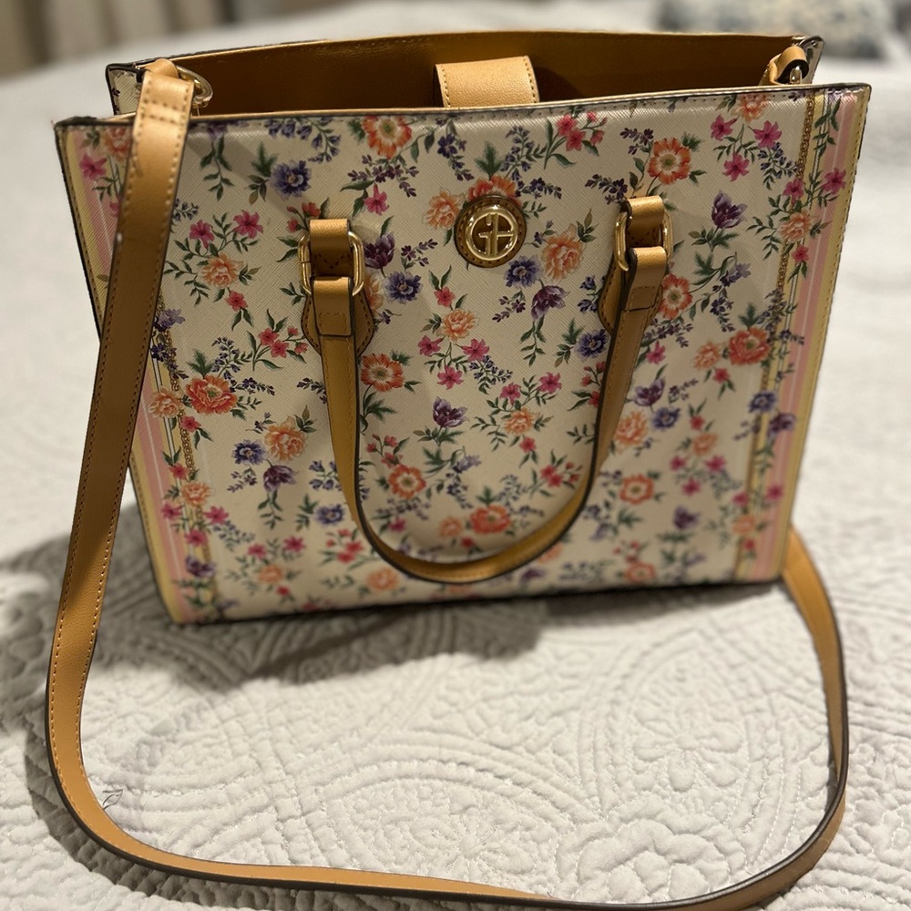 Cream and Tan Floral Tote Bag with Leather Trim